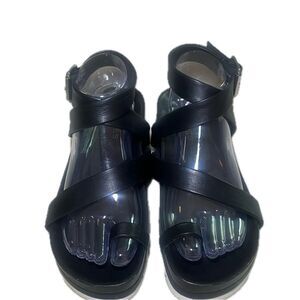J Slides NYC Black Leather Sandals White Bottom Size 7.5